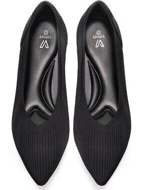 Women's Black Pointed Toe Comfort Foldable Slip On Dressy Knit Ballet Flat Shoes